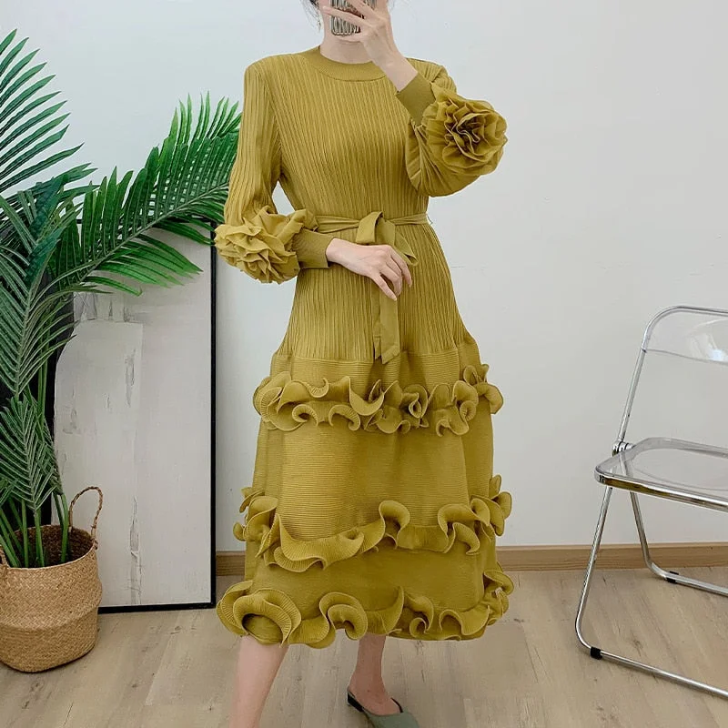 Miyake Pleated Lace Up Midi Dress Gym