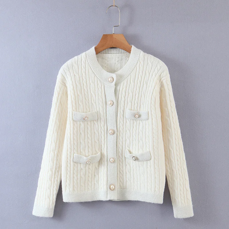 Pearl button cardigan sweater for women's dress with small fragrance and twist design  1350 Refined Women's Velvet