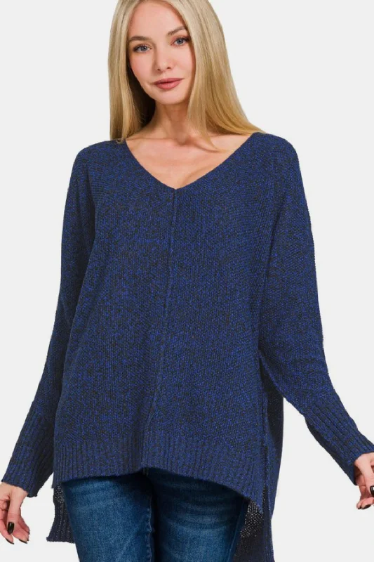 Zenana High-Low Center Seam V-Neck Sweater Athletic Women's 