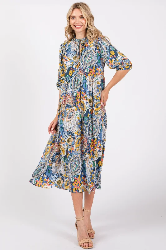 Blue Paisley Print Tiered A-Line Midi Dress Sharp Women's Italian