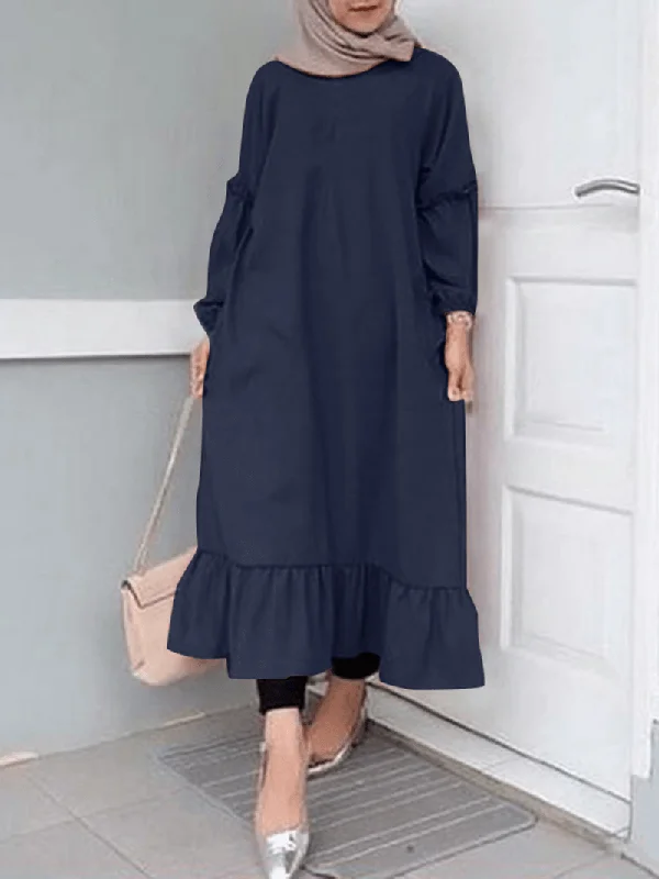 Women Ruffle Hem Trim Solid Color O-Neck Casual Elastic Cuff Shirt Maxi Dress with Pockets Modern Women's 