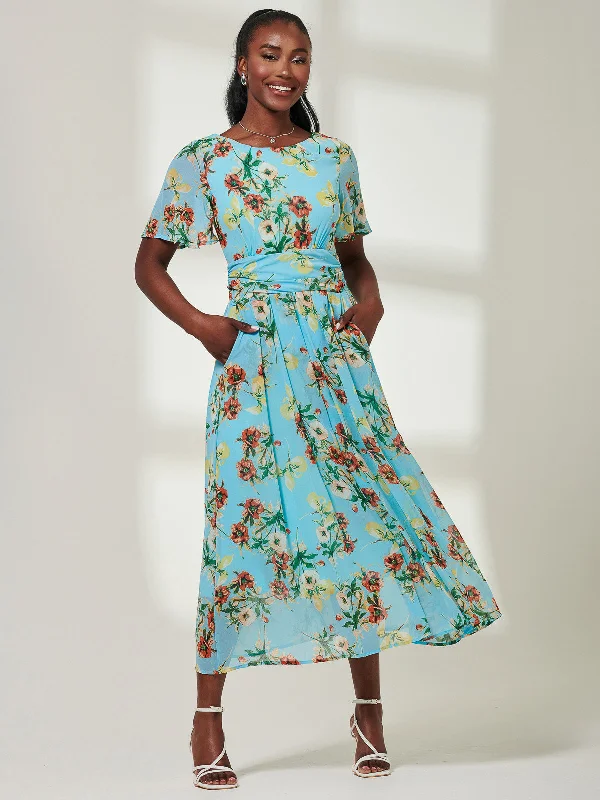 Haylee Print Chiffon Maxi Dress, Blue Floral Vintage Women's 1970S 