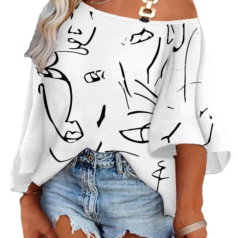 Fashion Letter Print Patchwork Slant Neck Ruffle Sleeve Top Wholesale Womens Tops Monochromatic All - in - one
