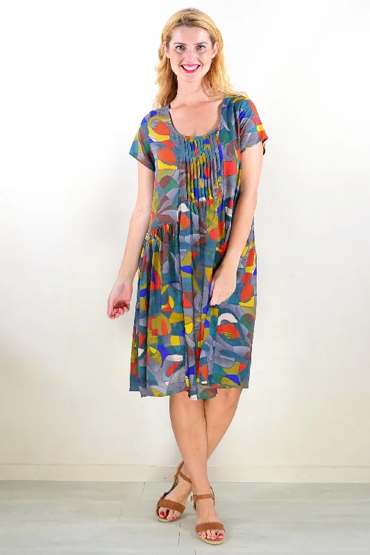 Colourful Grey Pintuck Pleats Tunic Dress Practical Women's Multi - 
