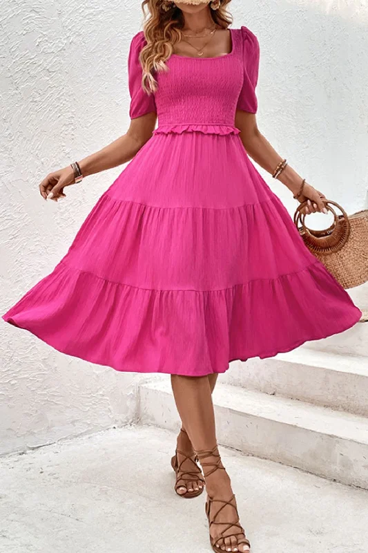 Square Neck Puff Sleeve Cutout Dress Casual Women's Japanese 
