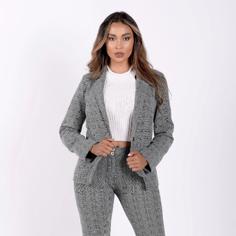 Checkered Suit Blazer - Grey Plaid Athletic Women's High - 