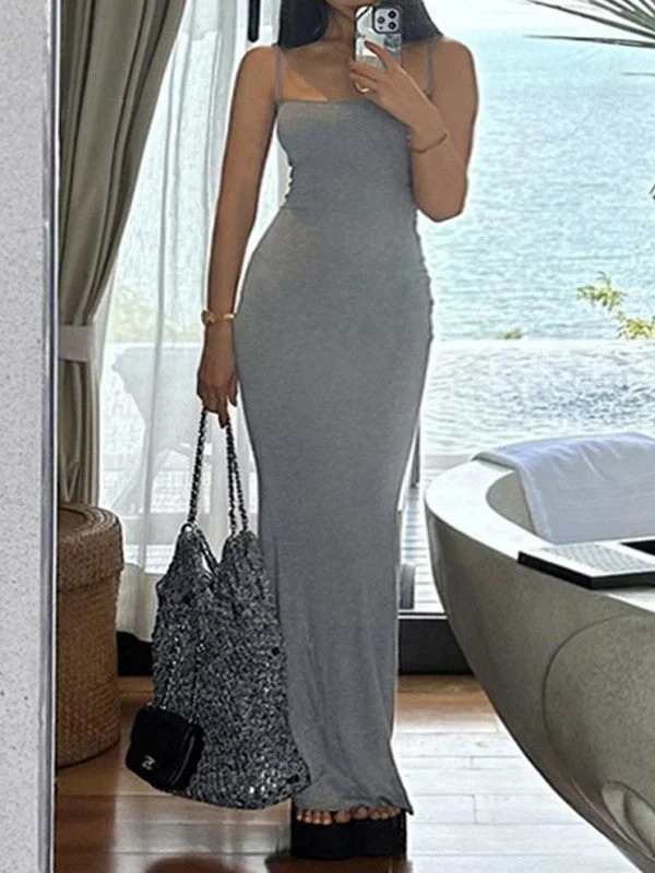 Gray Ribbed Bodycon Maxi Dress Cool Women's Skate