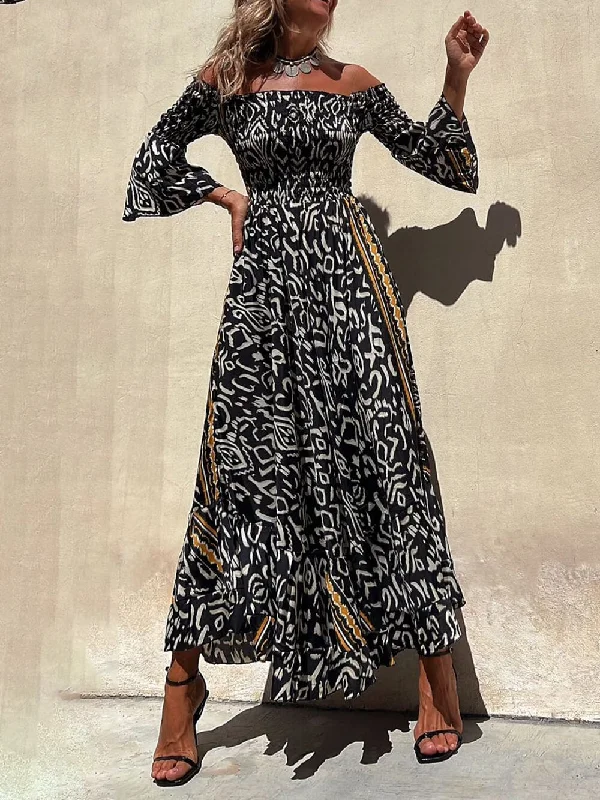 Off-The-Shoulder Smocked Stretch Charming Black Printed Maxi Dress Practical Women's Multi - 
