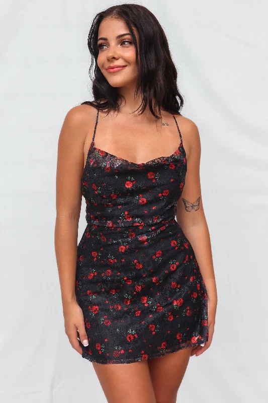 Charly Mini Dress - Black Roses Earthy Women's Hemp - based