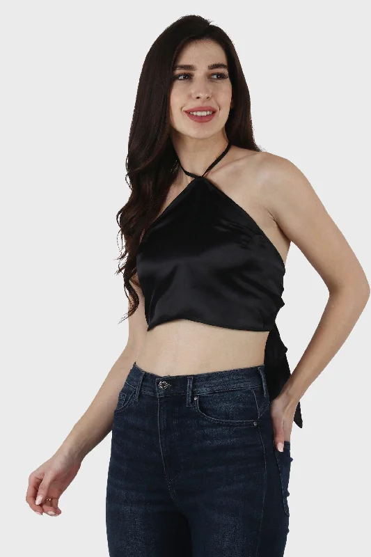 Black Solid Backless Single Tie Top Traditional Women's 