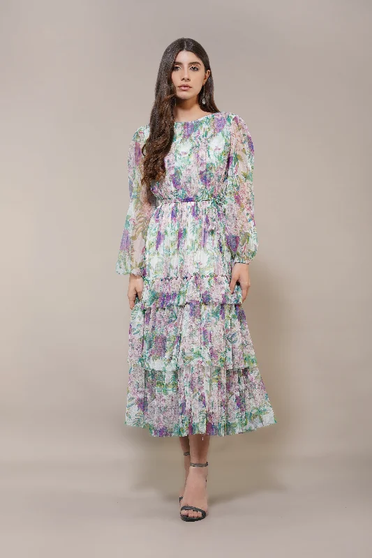 Rebecca Midi Dress in Purple Green Floral Laid - back Women's Vibe