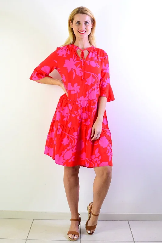 Pink Maple Leaf Tiered Dress Tunic European