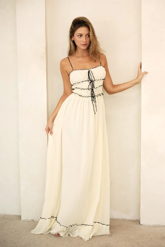 Cream Color Contrast Peasant Sleeveless Maxi Dress Monochromatic Office Style