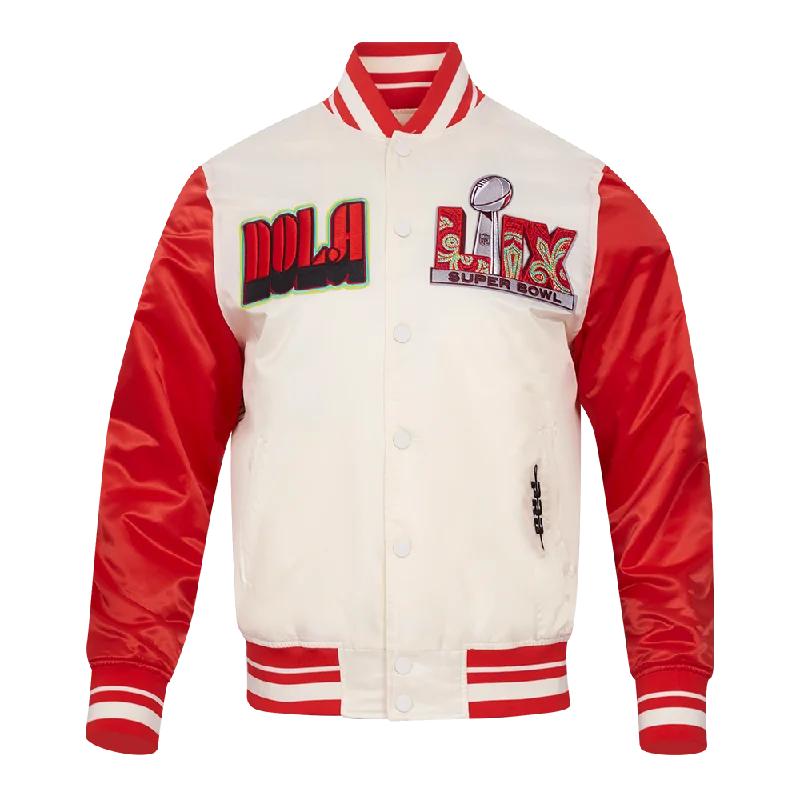 NFL SUPER BOWL 59 MEN'S RIB SUBLIMATED SATIN JACKET (EGGSHELL/CRAWFISH RED) Vacation NFL SUPER BOWL 59 MEN'S RIB SUBLIMATED SATIN JACKET (EGGSHELL/CRAWFISH RED) Vacation
