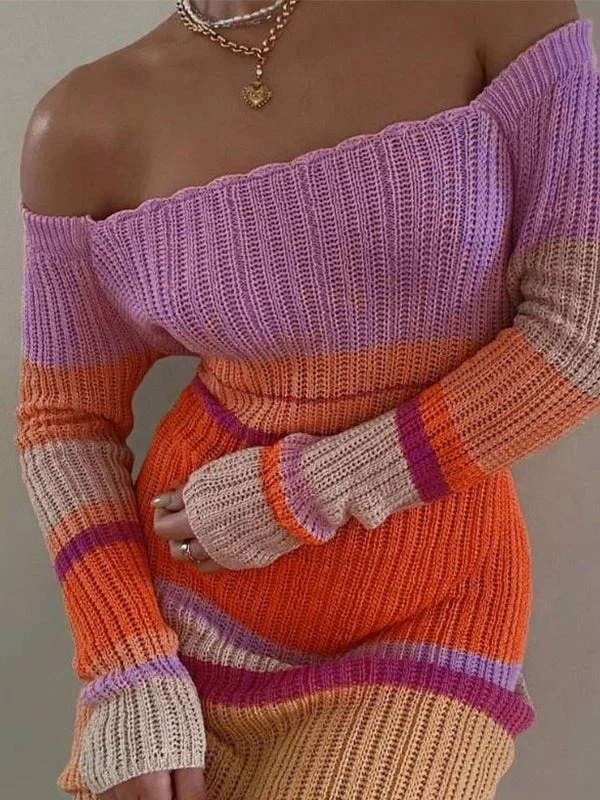 Color Block Stripe Knitted Maxi Dress Compression