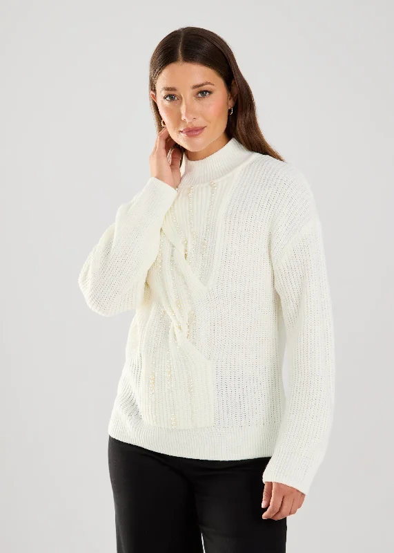 Long-Sleeve Embellished Mock Sweater Elegant Women's Formal 