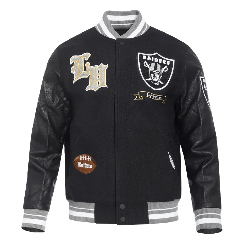 NFL LAS VEGAS RAIDERS PRO PREP WOOL MEN'S VARSITY JACKET (BLACK/GRAY) Traditional Women's Wool