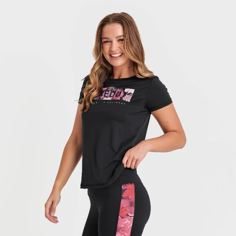 Sports T-Shirt - Black Flower Print Logo Refined Women's Hand - crafted