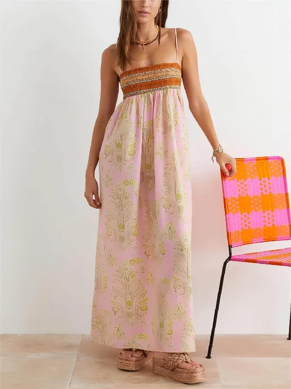 Bosnian Folk Floral Charming Thin Strap Midi Dress Sleek Women's Metallic
