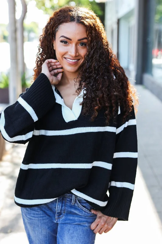 Fall For You Black Stripe Notched Neck Collared Oversized Sweater Women