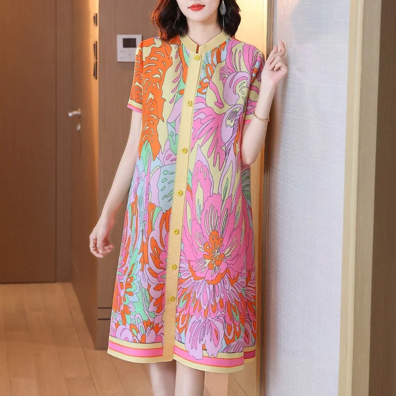 Miyake Pleated Printed A-line Midi Dress Preppy Women's College
