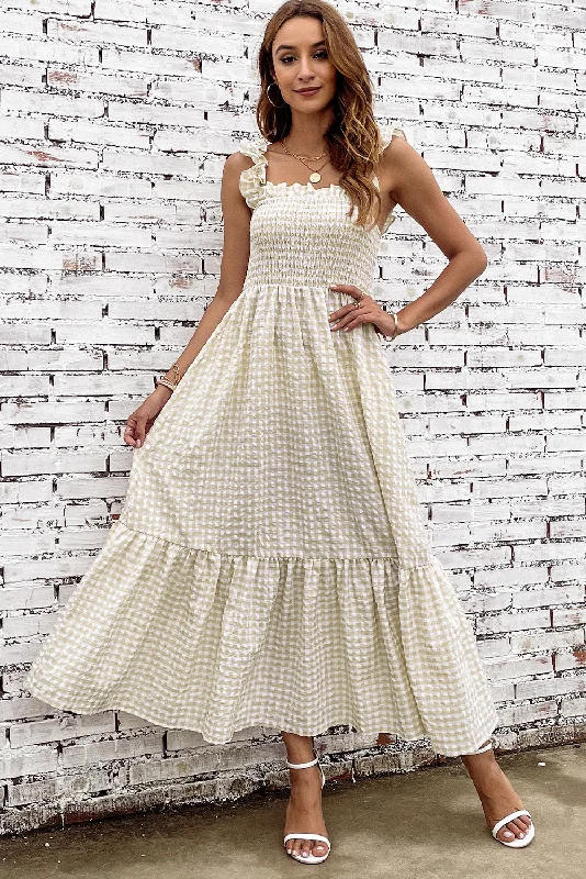 Plaid Ruffle Strap Square Neck Dress Minimalist Women's Casual