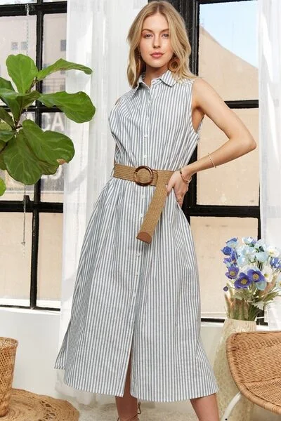 Striped Button Down Sleeveless Midi Dress Athletic Women's High - 