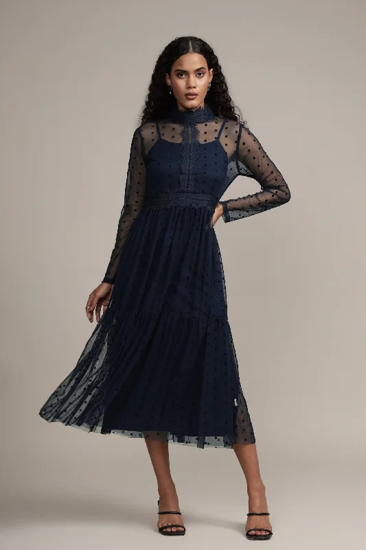 Roman Lola Polka Dot Midi Dress in Navy Blue Sophisticated Women's 