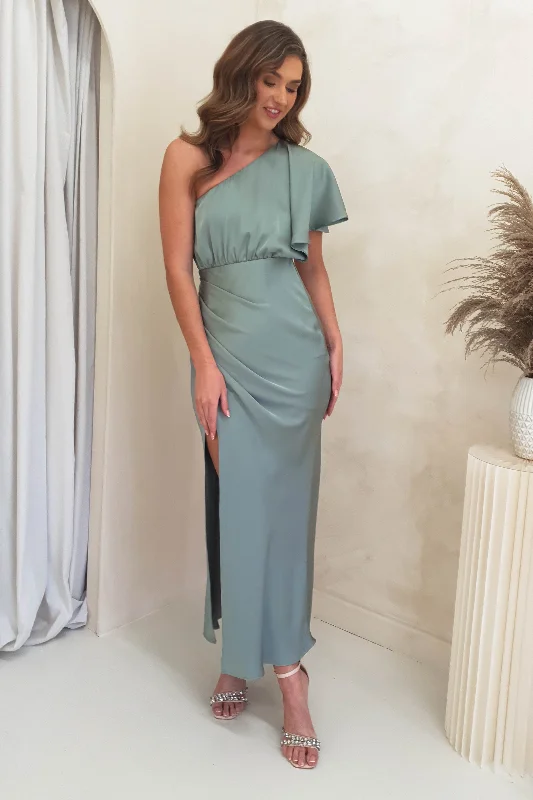 Jenna Soft Satin One Shoulder Maxi | Olive Cashmere
