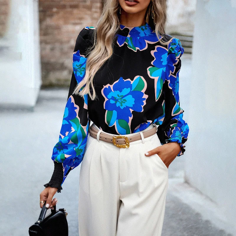 Fashion Printed Round Neck Lantern Sleeve Half Turtleneck Shirt Wholesale Womens Tops Youthful Women's Pop