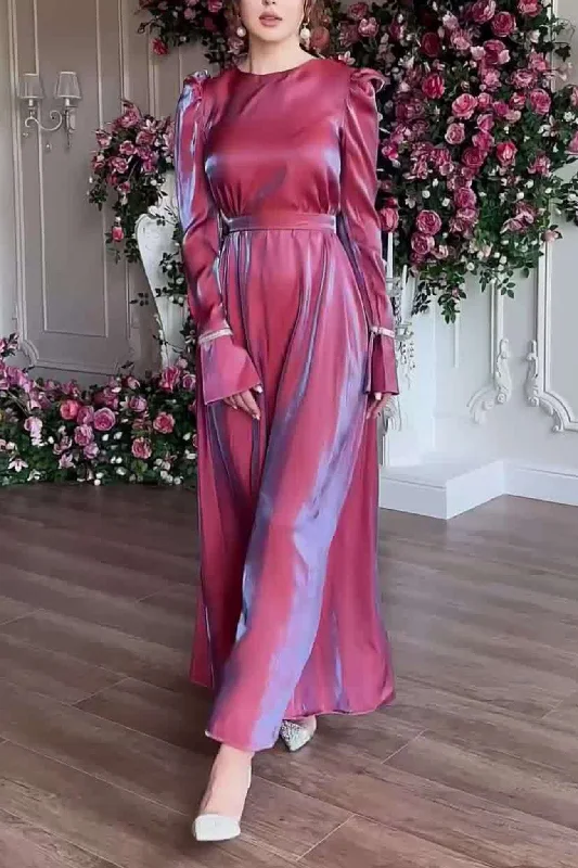 Glitter Glazed Satin Puff Sleeve Midi Dress Sleek Women's Metallic