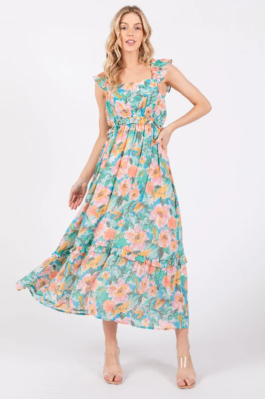 Aqua Watercolor Floral Ruffle Accent Midi Dress Hip Women's Urban