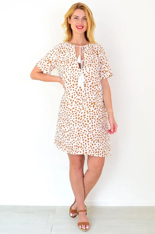 Tan Spot Tie Up Neck Tunic Dress Monochromatic Office Style
