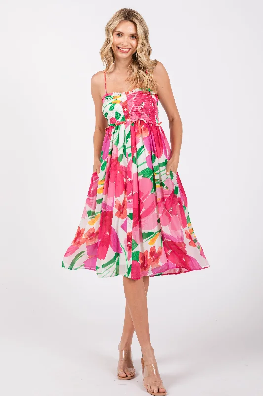 Pink Floral Smocked Chiffon Midi Dress Confident Women's Power