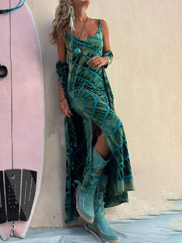Boho Tie-dye Print Charming Slit Midi Dress Feminine Women's Soft 