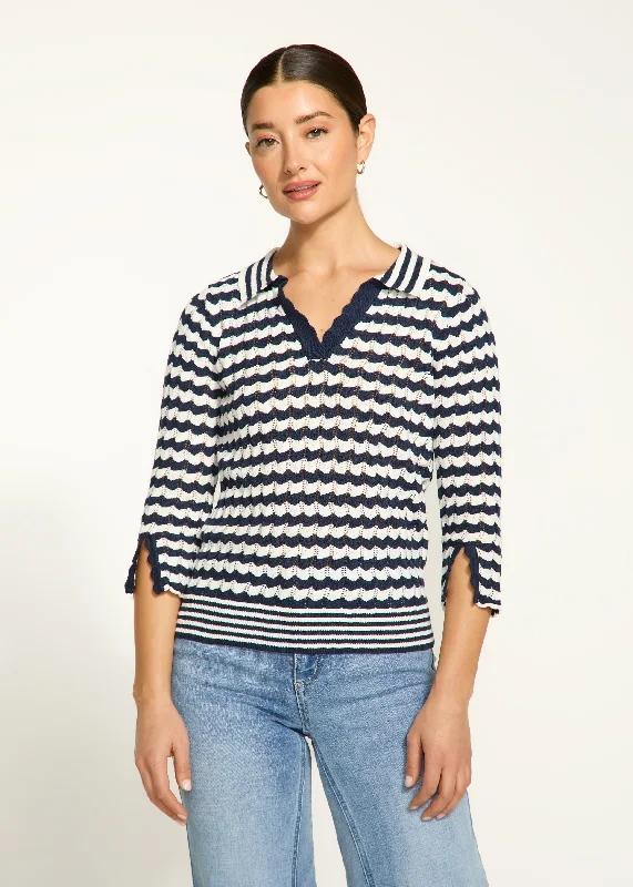 3/4 Sleeve Polo Sweater, Navy Stripe Country