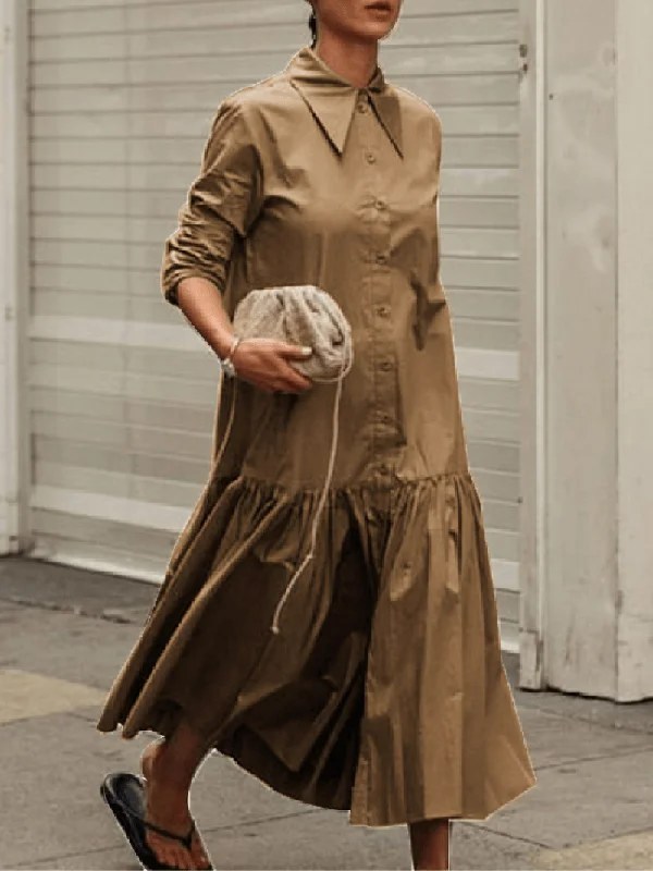 Women Solid Color Lapel A-Line Long Sleeve Simple Maxi Shirt Dresses Traditional Women's 