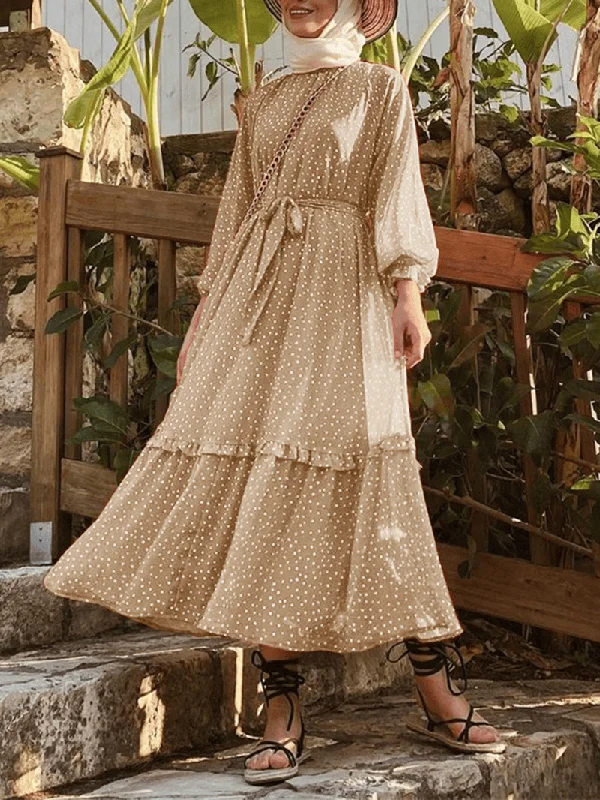 Polka Dot Print Frill Trim Lace up Casual Long Puff Sleeve Maxi Dresses for Women Geometric Polka Dot Print Frill Trim Lace up Casual Long Puff Sleeve Maxi Dresses for Women Geometric