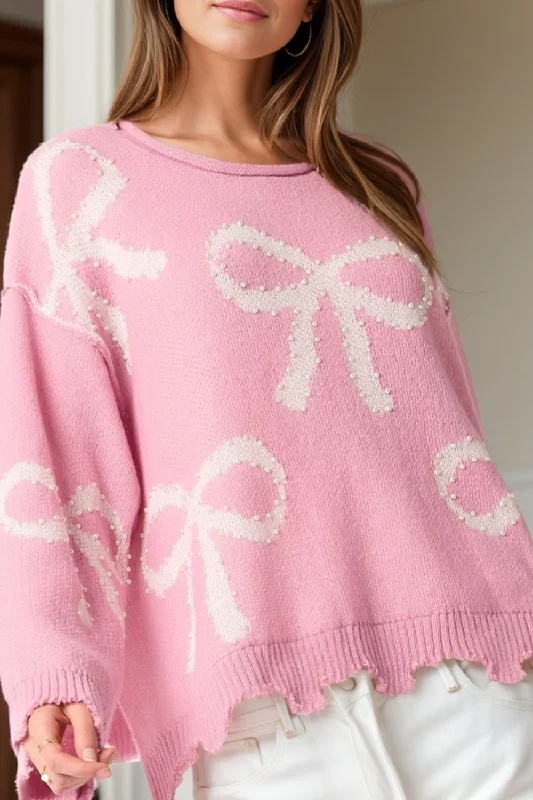 Pearl Detail Bow Round Neck Long Sleeve Sweater Relaxed Women's 