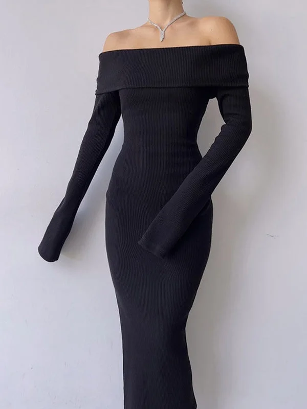 Off Shoulder Black Long Sleeve Knitted Maxi Dress Sophisticated Women's 
