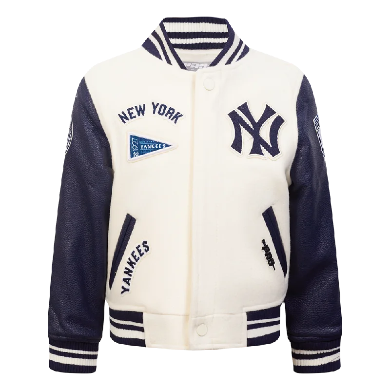 NEW YORK YANKEES RETRO CLASSIC TODDLER BOYS RIB WOOL VARSITY JACKET (EGGSHELL/ MIDNIGHT NAVY) Monochromatic Office Style NEW YORK YANKEES RETRO CLASSIC TODDLER BOYS RIB WOOL VARSITY JACKET (EGGSHELL/ MIDNIGHT NAVY) Monochromatic Office Style