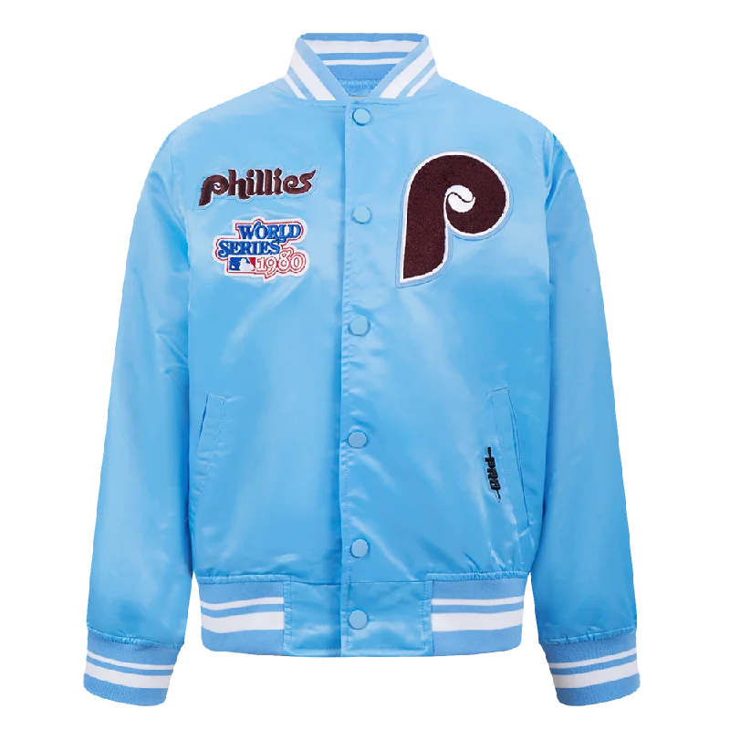 PHILADELPHIA PHILLIES RETRO CLASSIC BIG BOYS RIB SATIN JACKET (UNIVERSITY BLUE) Classic Women's Tweed