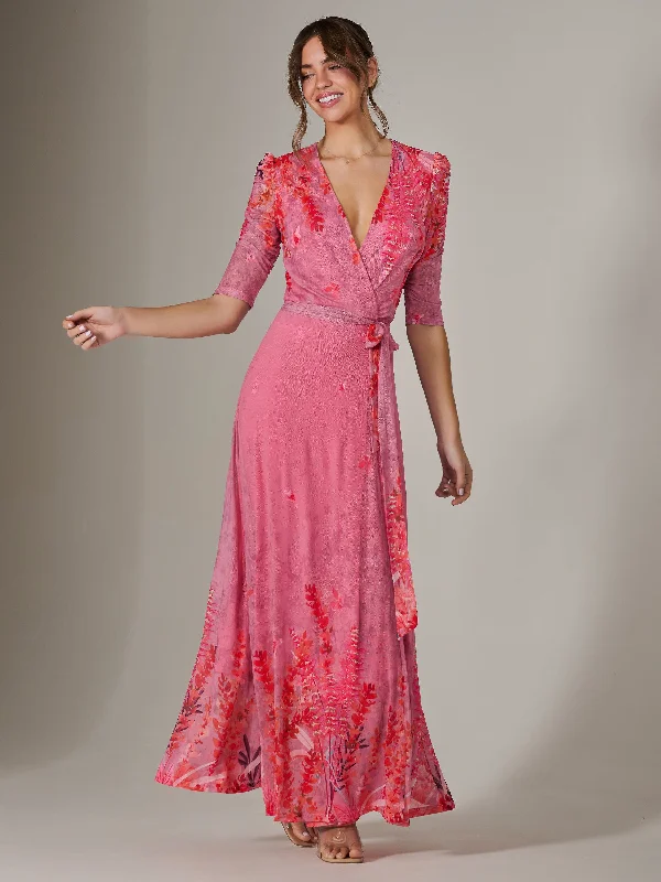 Kinley Print Wrap Mesh Maxi Dress, Pink Multi Sporty Women's Tennis