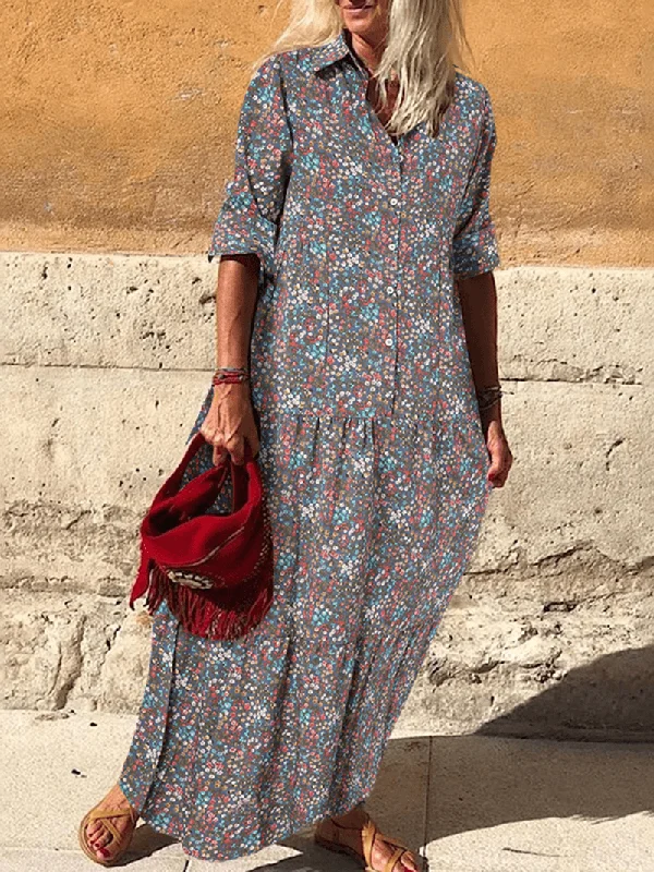 Vintage Floral Print Lapel Pleats Long Sleeve Bohemian Shirt Maxi Dress for Women Practical Women's Quick - dry