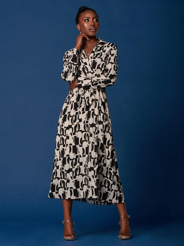 Wrap Detail Shirt Maxi Dress, Cream/Black Elegant Women's 