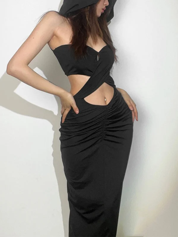 Criss Cross Hooded Cutout Black Maxi Dress Bold Women's Animal Print