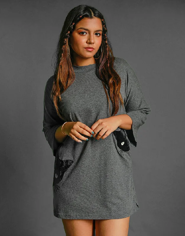 Cat Print T-Shirt Frock Monochromatic All - in - one