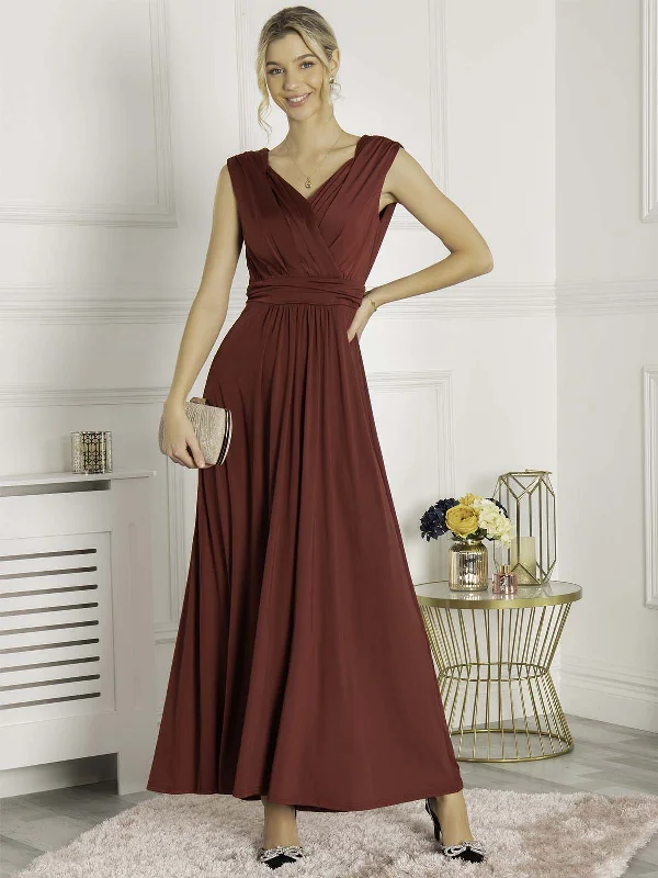 Plunge V Neck Draped Maxi Dress, Burgundy Monochromatic All - in - one