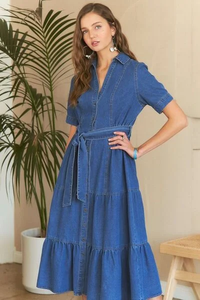 Tiered Button Down Tie Waist Short Sleeve Denim Dress purpose