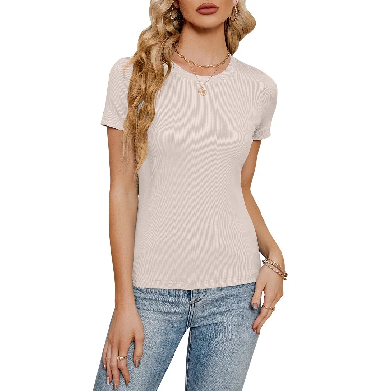 Short Sleeve Round Neck Slim Fit Stretch Knit T-Shirt Wholesale Women'S Top Monochromatic Office Style